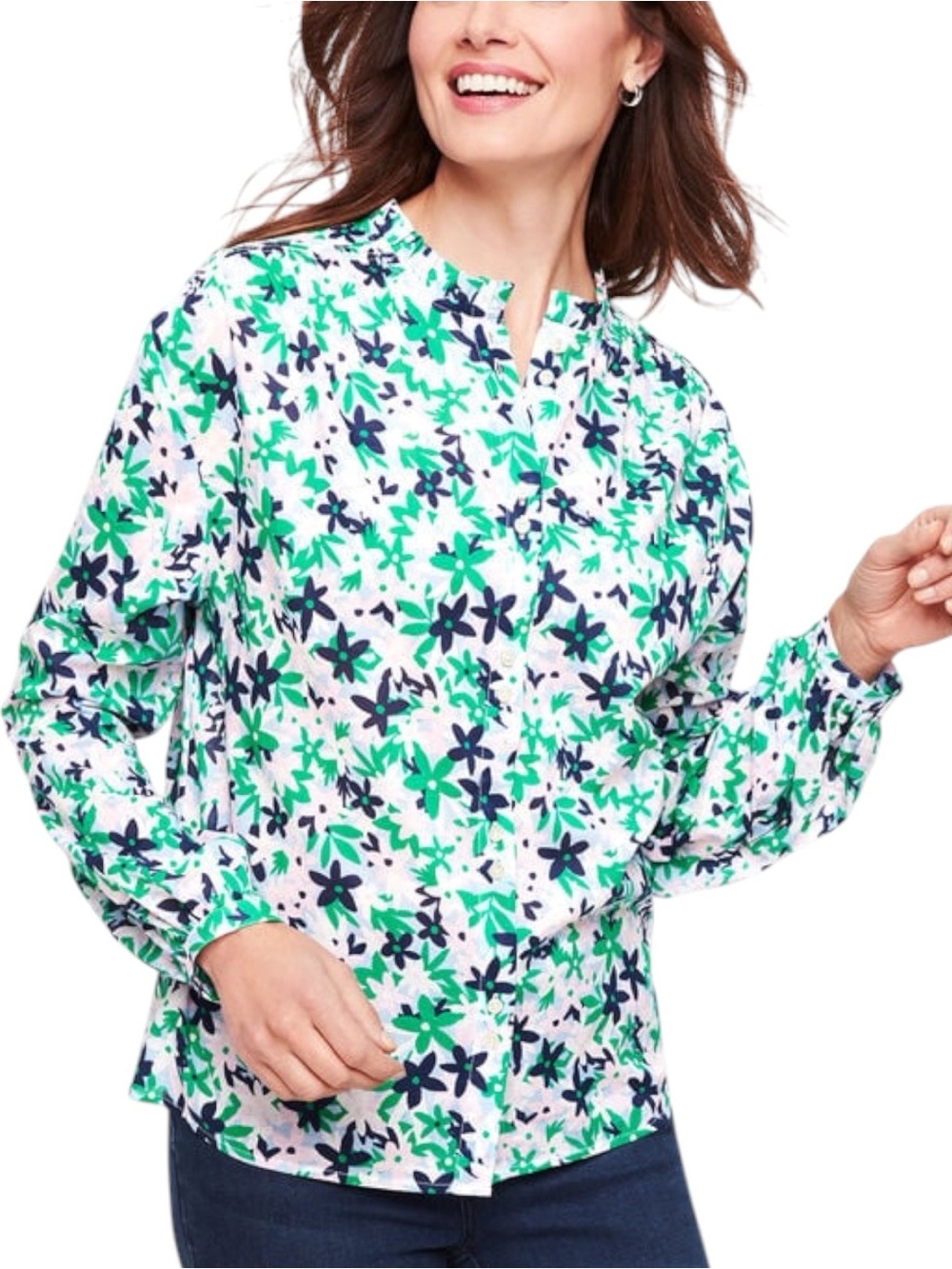 Talbots Sz MEDIUM Green Blue Lightweight Floral Button-Down Cotton Ruffle Shirt